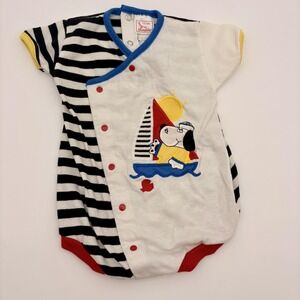 Vintage Buster Brown Romper Boys 9-12M White Nautical Sailboat Striped One Piece
